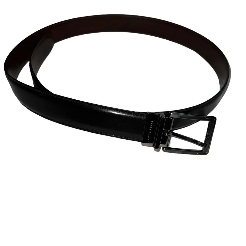 Black Leather Perry Ellis Belt Size 36 Silver Buckle